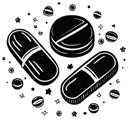 Ink illustration of pills and tablets for healthcare concept