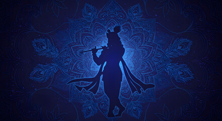 Silhouette of Lord Krishna playing the flute against a vibrant blue mandala and peacock feather background, spiritual and divine art.