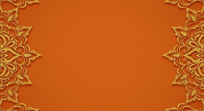 Symmetrical golden baroque ornaments forming a luxurious decorative frame on an orange background