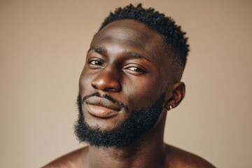 Close-up portrait of a dark-skinned man, showcasing a thoughtful expression against a muted beige backdrop.