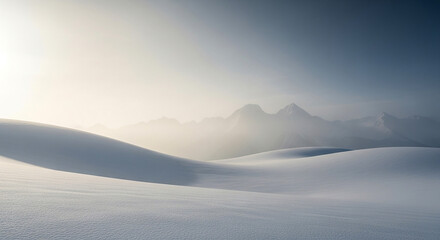 Serene snow covered landscape with soft light and distant mountain peaks