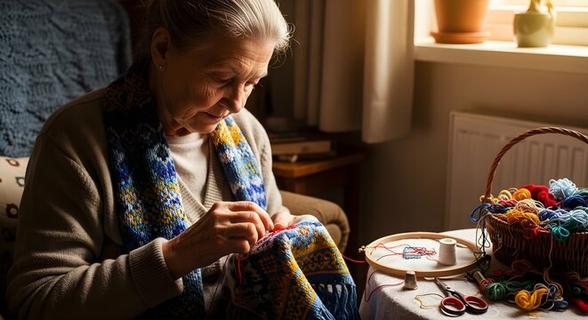 An elderly grandmother embroidering a scarf for her grandchild. The warm light from a window falls on her wrinkled hands and the bright-colored thread, showing a process of creation filled with love.