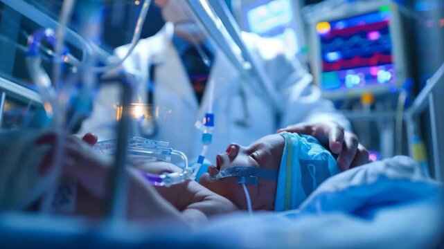 Doctor Caring for Newborn Baby in Neonatal Intensive Care Unit