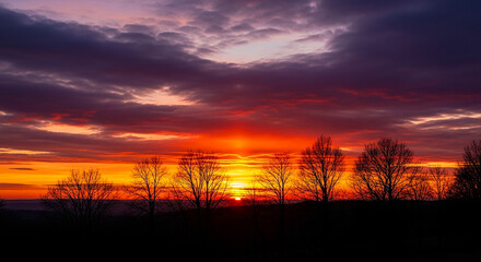 Vibrant sunset paints the sky with fiery orange and purple hues over silhouetted trees