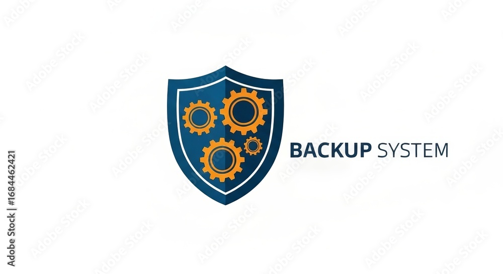 Poster modern backup system shield with gear icons for secure data protection