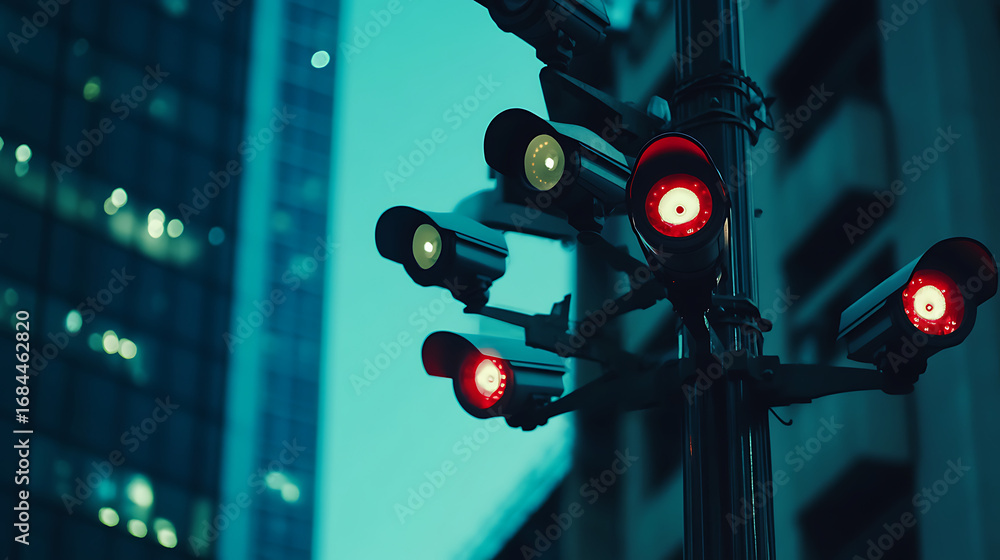 Poster a pole with several red lights on it. the lights are on a street corner. there are several buildings