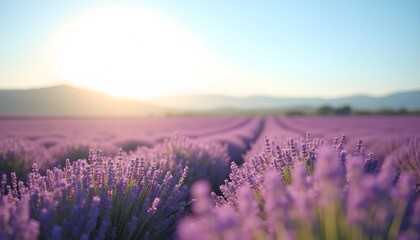 Fototapeta premium A sunny afternoon in a lavender field in Provence, France, with a gentle breeze. The sky is clear blue, and the sun casts long shadows across the purple flowers.