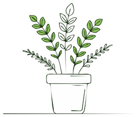 Stylized Potted Plant Illustration featuring Green and Outlined Leaves in a Minimalist Style Pot