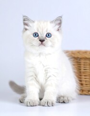 Obraz premium Cute, light cream kitten with blue eyes, facing front, near wicker basket