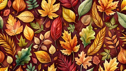 Fototapeta premium Vibrant watercolor autumn leaves pattern background