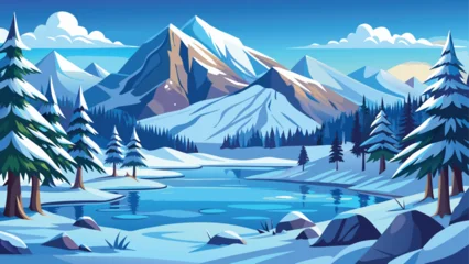 Selbstklebende Fototapeten Blue Jeans Snow-covered mountains and frozen lakes create a serene winter landscape  © Rana Islam