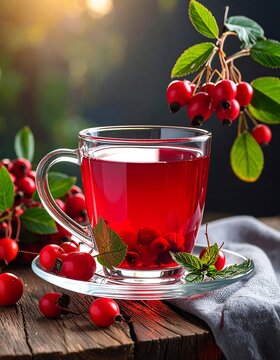 A vibrant cup of ruby-red tea, accented by fresh rose hips and mint, sits on a rustic wooden table.