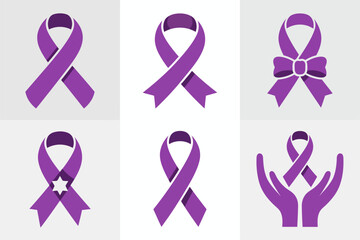 Purple ribbon campaign vector illustrations, looped awareness bow icons, charity support badges, advocacy symbol designs, solidarity ribbon graphics