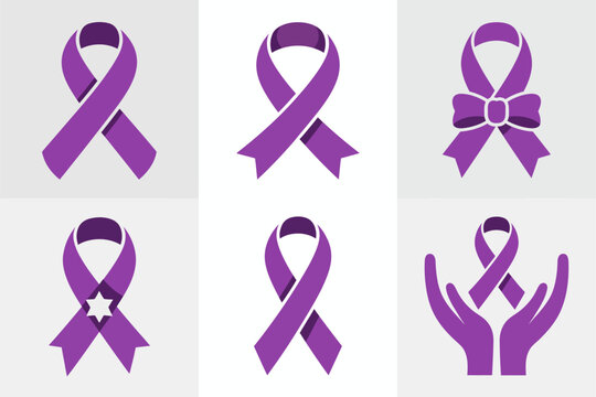Purple ribbon campaign vector illustrations, looped awareness bow icons, charity support badges, advocacy symbol designs, solidarity ribbon graphics