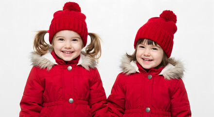 Two Girls in Red Winter Coats and Hats Two twin sisters dressed in matching red winter coats and hats smiling together