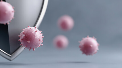 Pink virus particle immune defense shield protection microbiology 3D render healthcare prevention safety antiviral, conveying resilience and hope