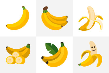 Banana collection vector pack, green and yellow bananas illustrations, peeled fruit icons, tropical snack graphics, exotic fruit designs