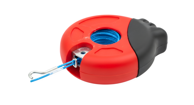 Red and black chalk line reel with blue chalk isolated on transparent background, a tool for marking straight lines on surfaces during construction