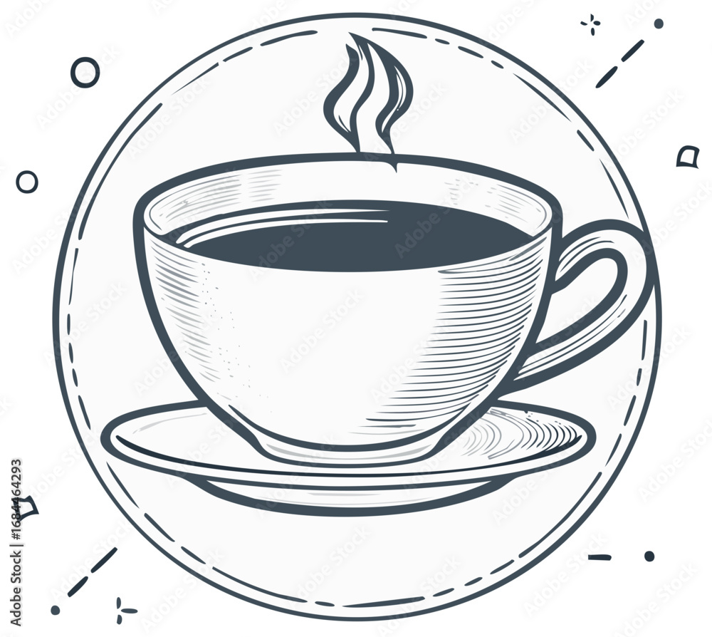 Poster stylized sketch of hot drink in cup with saucer inside of dotted circle with various graphic element