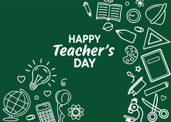 Vector art of happy teachers day celebration with educational icons and chalk drawing on a green chalkboard background