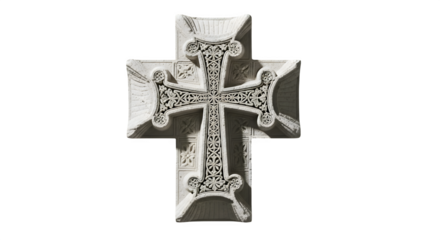 Ancient stone cross isolated on transparent background, a religious symbol of faith and spirituality, with intricate carvings and a gothic design
