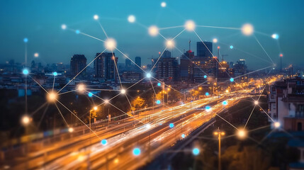 Naklejka premium A city street with a network of lights and a lot of cars. The lights are connected to each other and to the cars