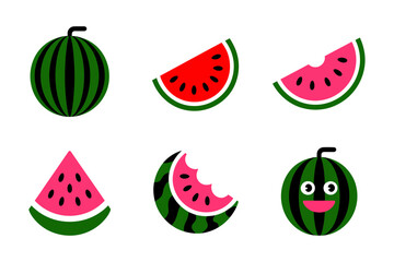 Cartoon melon vector illustrations, whole and sliced fruit, rind patterns, seed detail, picnic snack icons, summer food graphics