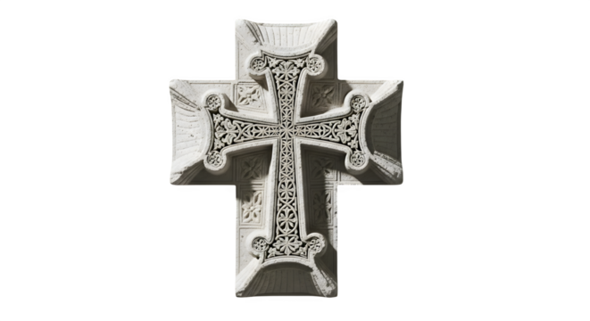 Ancient stone cross isolated on transparent background, a religious symbol of faith and spirituality, with intricate carvings and a gothic design - Powered by Adobe