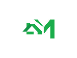 Modern real estate logo design featuring abstract house and roof shapes combined with bold letterforms. Created with clean geometric lines and a green color scheme, the design represents growth, m
