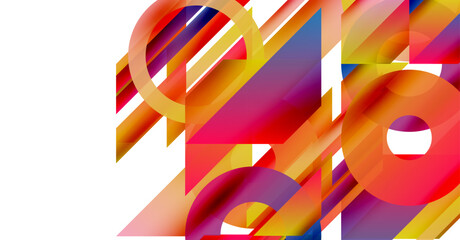 Abstract geometric shapes overlap, creating vibrant colorful composition. Red, orange, purple hues dominate design. Modern aesthetic.