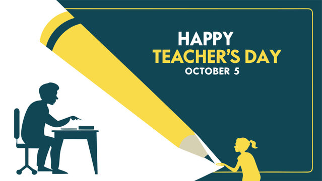 Vector art of happy teacher's day illustration with a giant pencil symbolizing education and a teacher guiding a student - Powered by Adobe