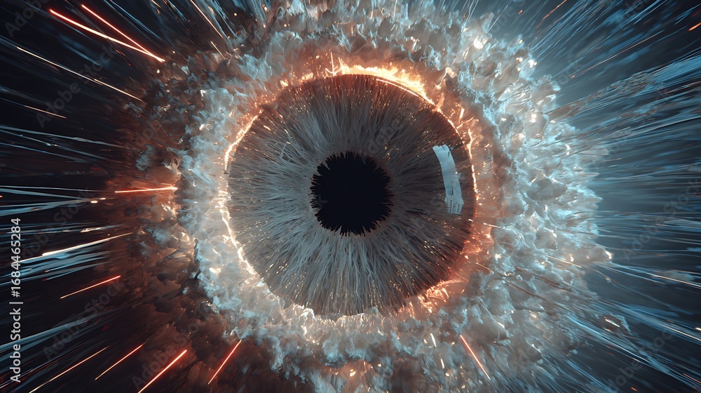 Poster abstract closeup of an eye with radiating energy and fire, creating a surreal and captivating visual