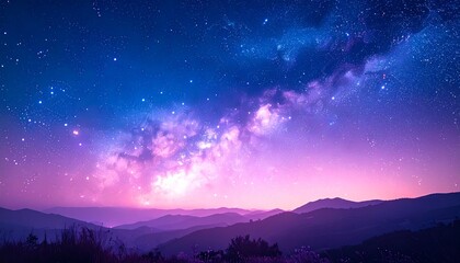 Fototapeta premium Stunning night sky with the Milky Way glowing in shades of blue and purple above layered mountain silhouettes, creating a dreamy cosmic landscape