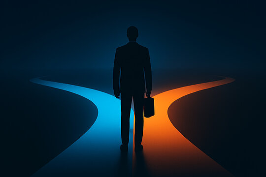 Silhouette of a businessman standing at a crossroads with two illuminated paths representing a difficult decision or future choice - Powered by Adobe
