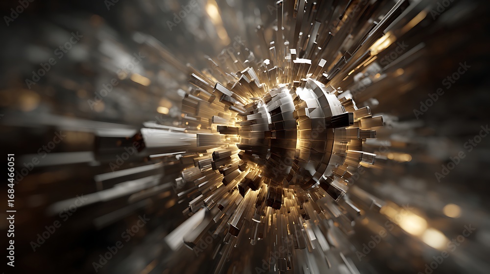 Poster abstract explosion of metallic shards and golden light, creating a dynamic and chaotic visual with a