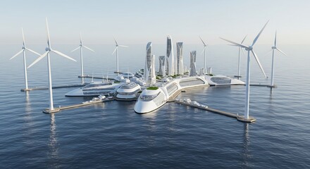    (Mirai toshi umiue ukabu shiroku kagayaku eko kenchiku odayaka na hikari) Translation: Future city, white shining eco-architecture floating on the sea, gentle light.. AI Generated