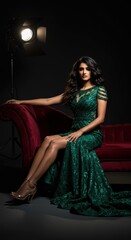 A woman in a rich emerald green gown sits elegantly on a deep crimson velvet couch, highlighted by  lighting.