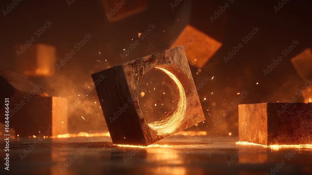 Poster abstract 3d render of geometric cubes with glowing edges, creating a modern and artistic composition