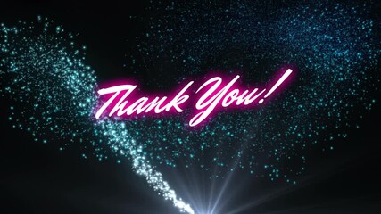 Animation of thank you text in pink neon letters over glowing shooting star and spots of light - Powered by Adobe