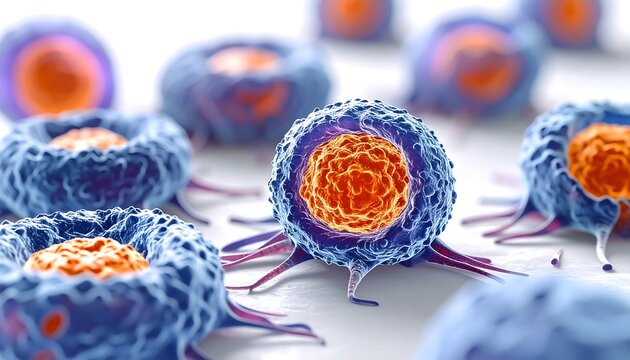 Close-up view of multiple microscopic cells, vibrant blue/orange hues, detailed cellular structures,  a cluster of cells