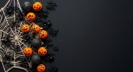 A collection of small, carved pumpkins and black spiders arranged on a dark background with a large, intricate spiderweb, perfect for a halloween party or decoration