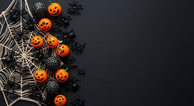 A collection of small, carved pumpkins and black spiders arranged on a dark background with a large, intricate spiderweb, perfect for a halloween party or decoration