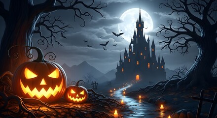 Spooky halloween night with a glowing jackolantern and a haunted castle under a full moon, creating a terrifying atmosphere with bats flying in the dark sky