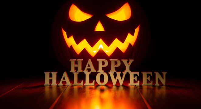A closeup of a menacing jackolantern with a fierce expression, illuminated from within, casting an eerie glow on the words happy halloween in wooden letters