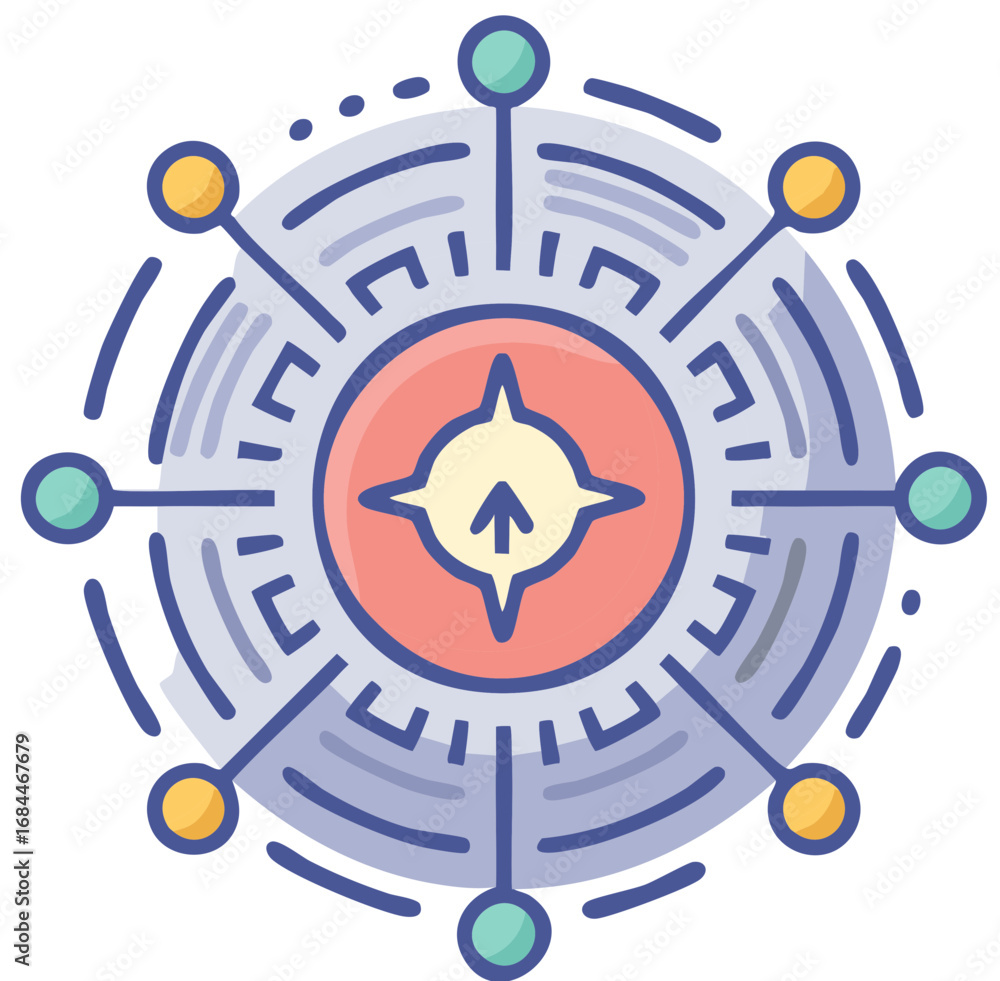Poster abstract digital compass with radiating lines and connecting nodes representing network or direction