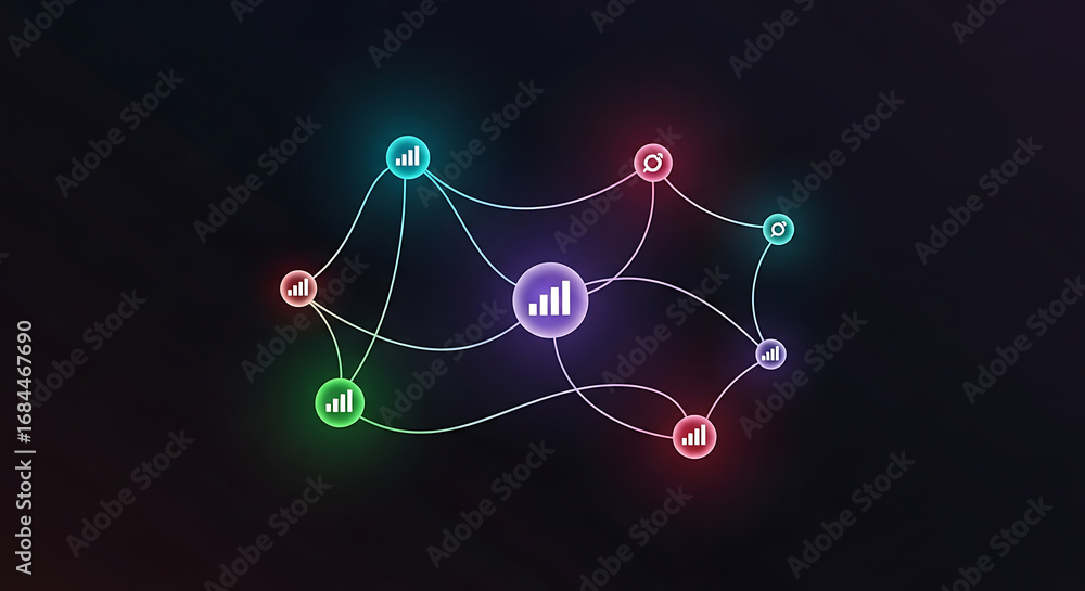 Aufkleber colorful network diagram with connected nodes on a dark background showing data connections ai gener