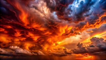 Fiery sunset clouds over a dark horizon