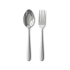 A vector illustration of a shiny metal spoon and fork, perfect for themes related to dining, restaurants, and food. Isolated on a white background.