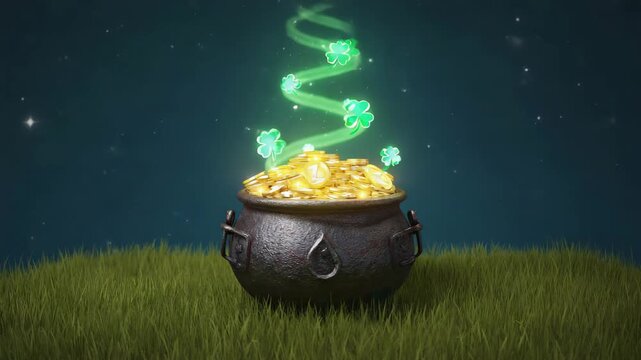 Pot of Gold with Glowing Shamrock Spiral on Night Meadow &ndash; St Patrick's Day Luck Concept