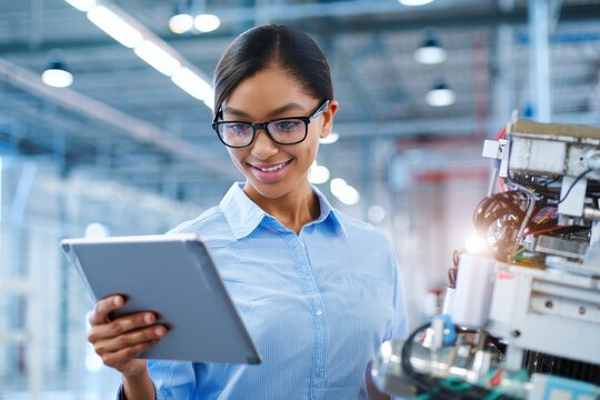 Woman engineer using tablet for robotic arm maintenance in manufacturing factory line